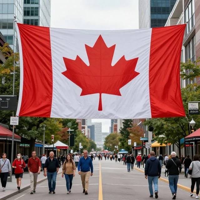 Student with books and Canadian flag in background