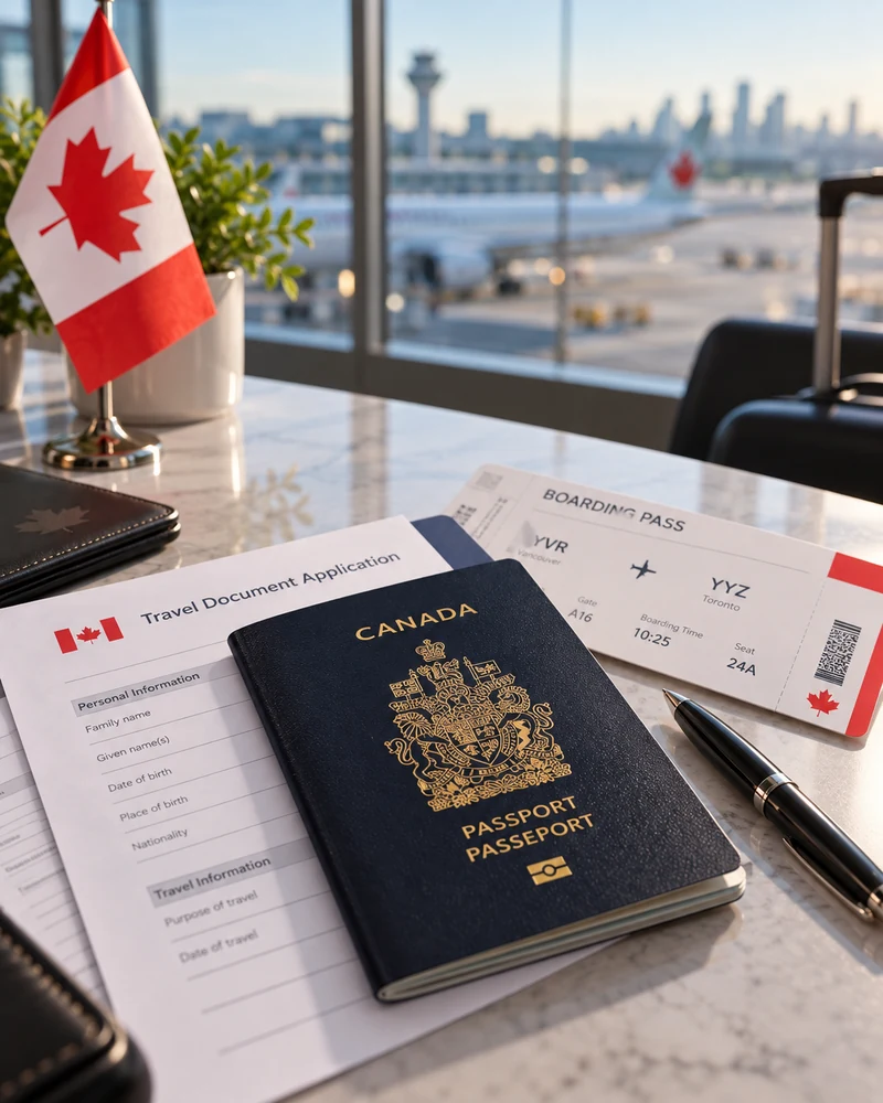 Travel document application, passport and boarding pass